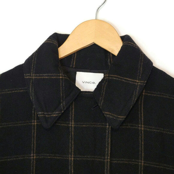 Vince Wool Cashmere Plaid Padded Shirt Jacket Shacket Black Tan Button Down XL - Picture 7 of 16